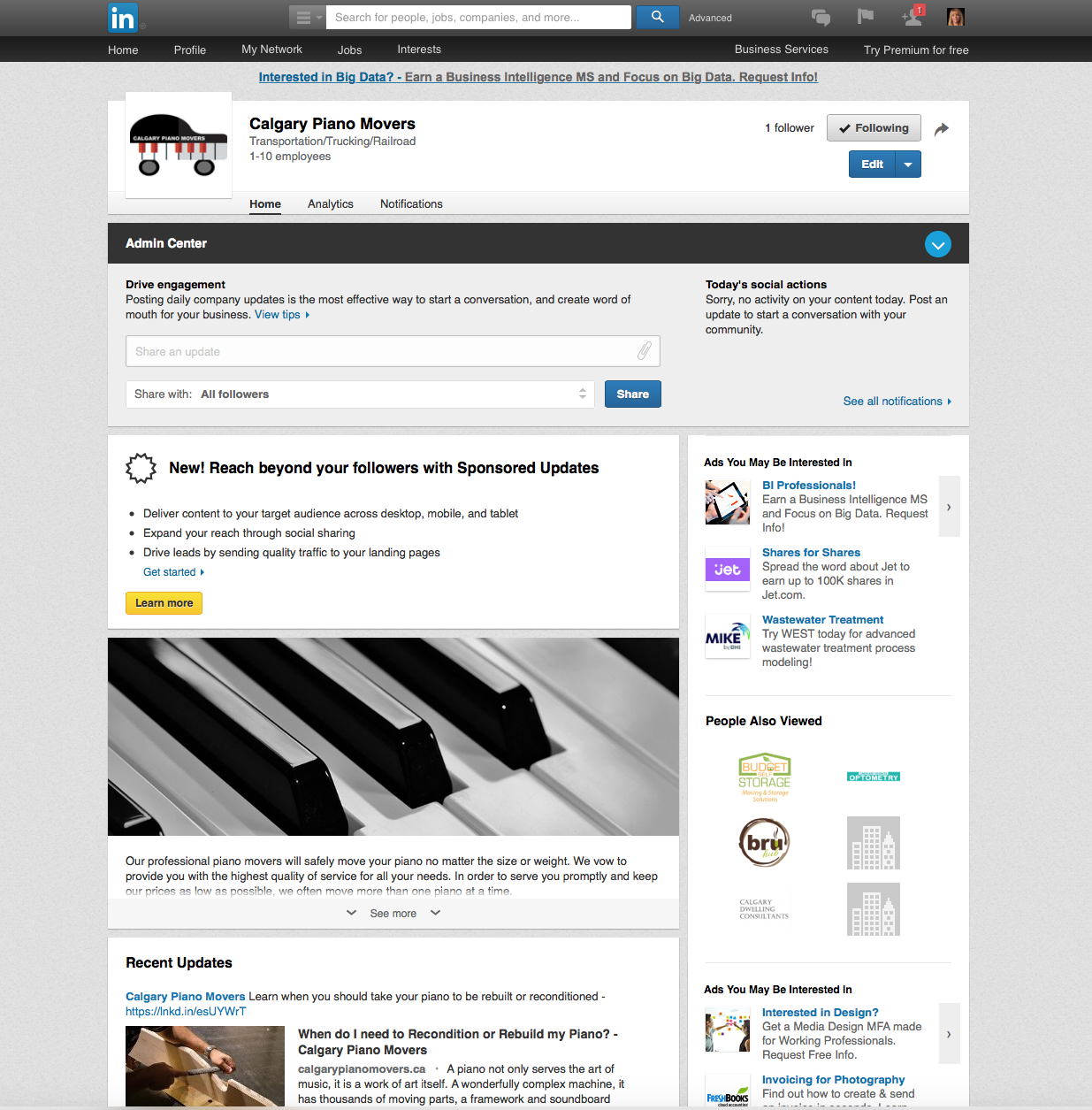 Calgary Piano Movers LinkedIn Page